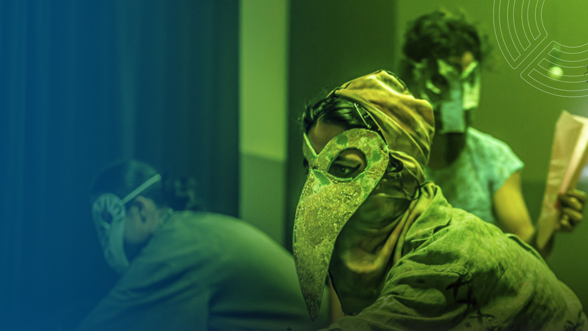Foto colorida nas cores azul e verde mostrando uma cena dos estudantes da SP com máscaras