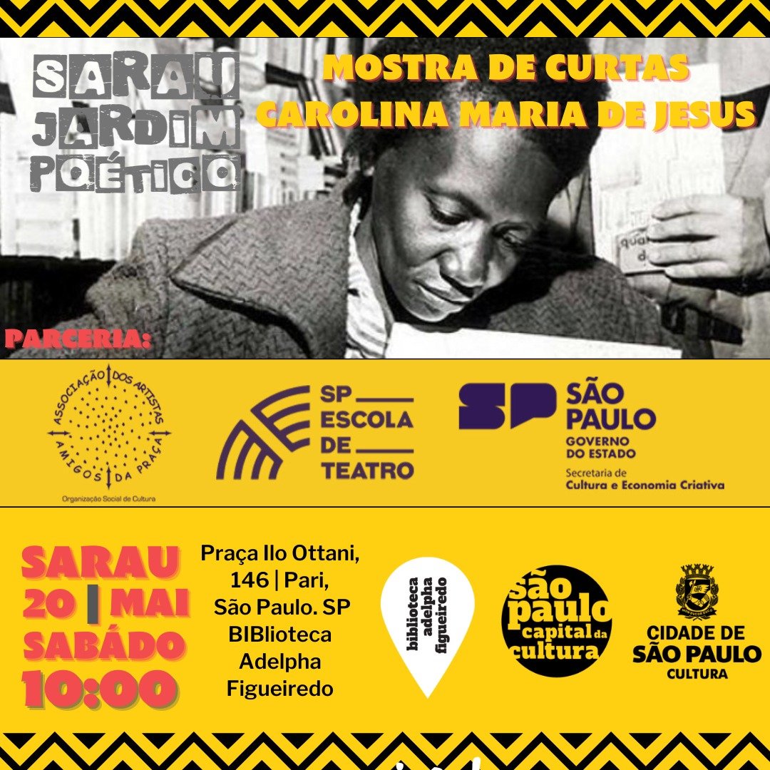 Cartaz de divulgação do Sarau Jardim Poético, realizado pela Biblioteca Adelpha Figueiredo em parceria com a SP Escola de Teatro