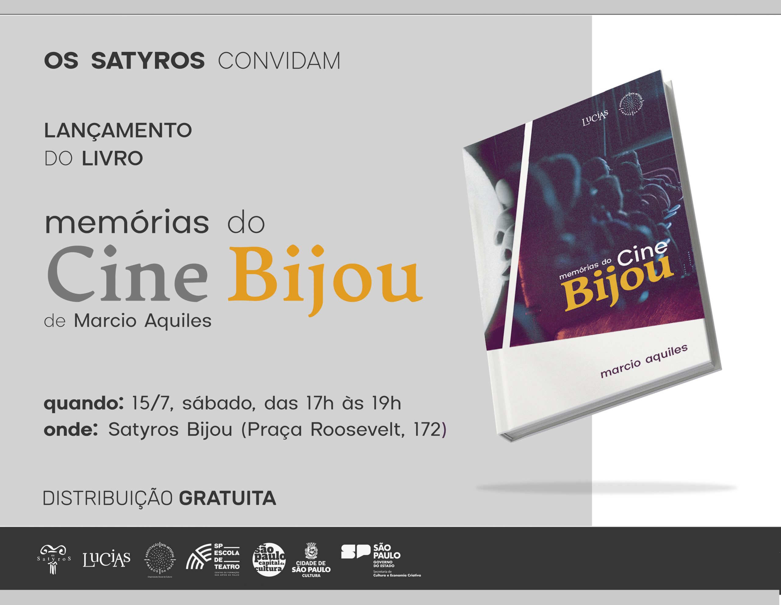 Cartaz de divulgação do lançamento do livro "memórias do Cine Bijou", de Marcio Aquiles