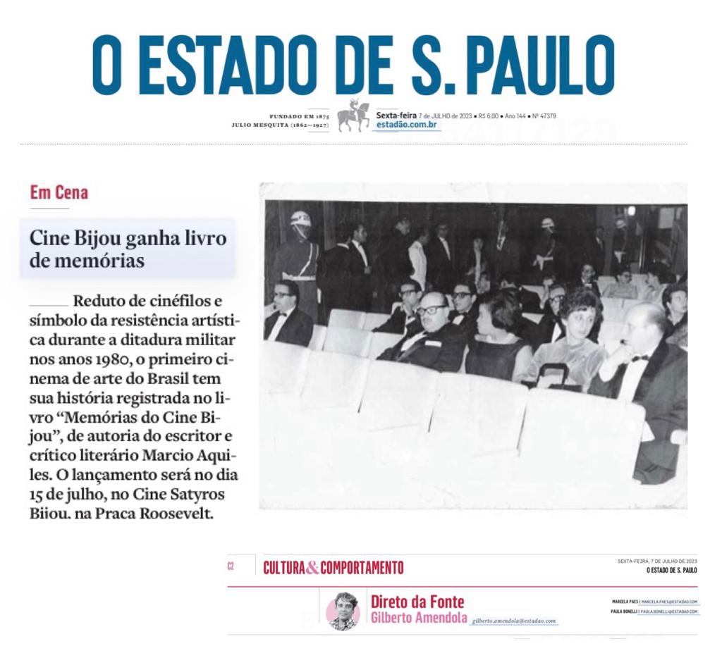 Capa do Estadão com texto sobre o livro "Memórias do Cine Bijou".