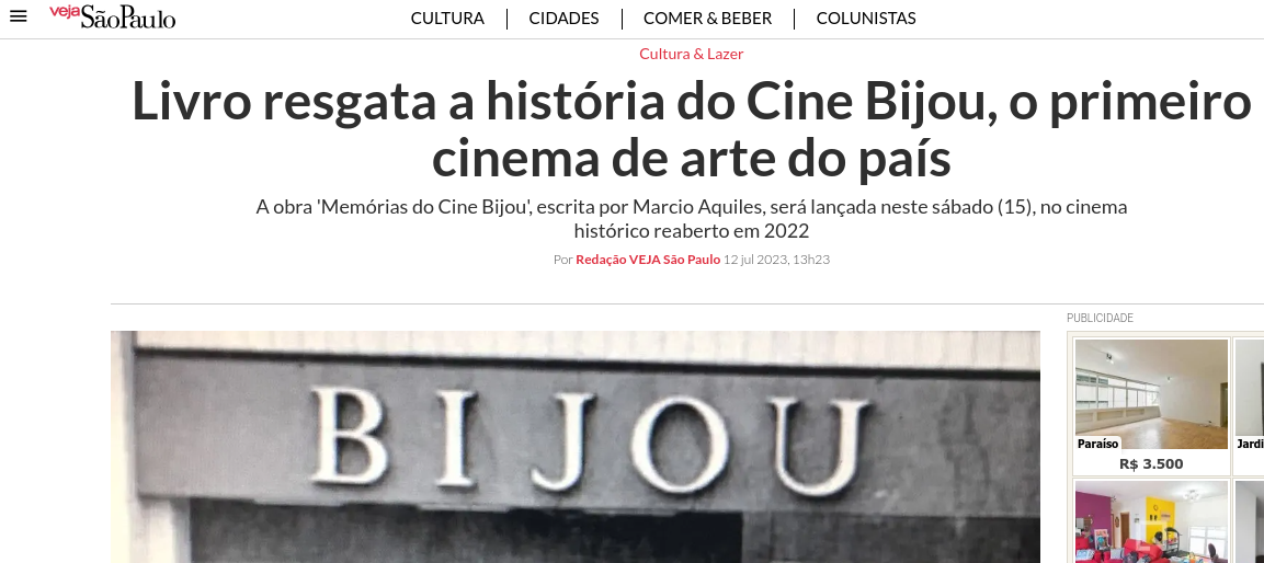 Matéria na Veja SP sobre o livro "Memórias do Cine Bijou". 